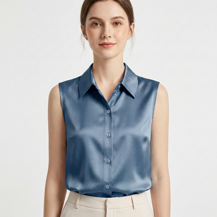 Remi | Women's Satin Collared Sleeveless Button-Down Blouse