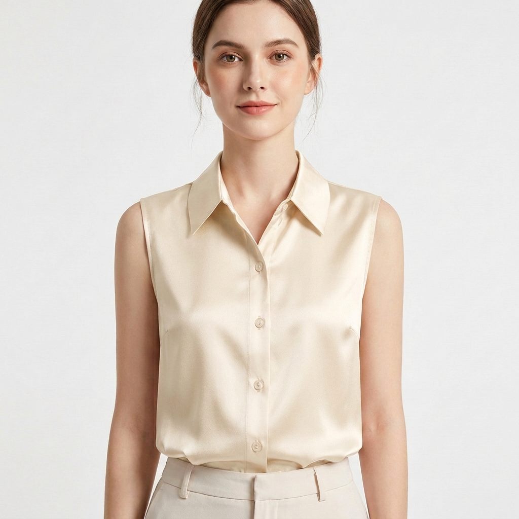 Remi | Women's Satin Collared Sleeveless Button-Down Blouse