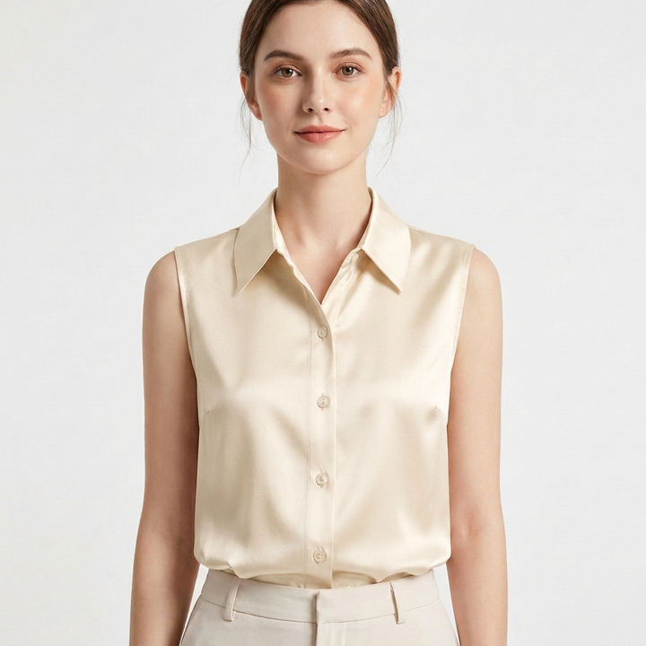 Remi | Women's Satin Collared Sleeveless Button-Down Blouse