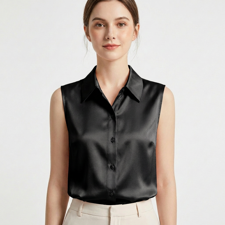 Remi | Women's Satin Collared Sleeveless Button-Down Blouse