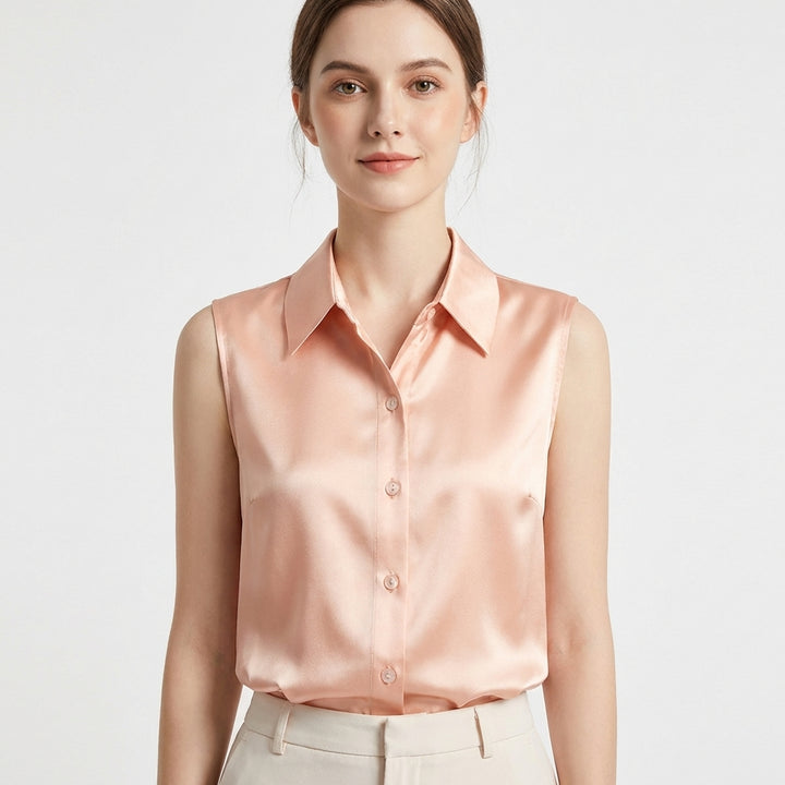 Remi | Women's Satin Collared Sleeveless Button-Down Blouse