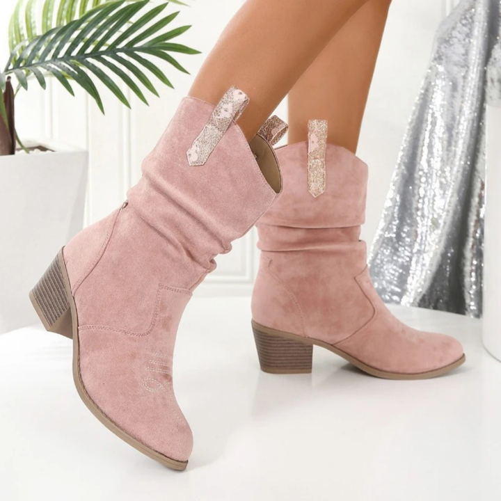 Remi | Women's Suede Dusty Pink Mid-Calf Cowgirl Boots