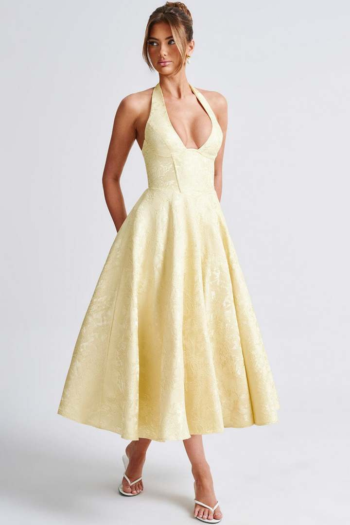 Rosalie | Women's Jacquard Halter Neck Midi Wedding Guest Dress