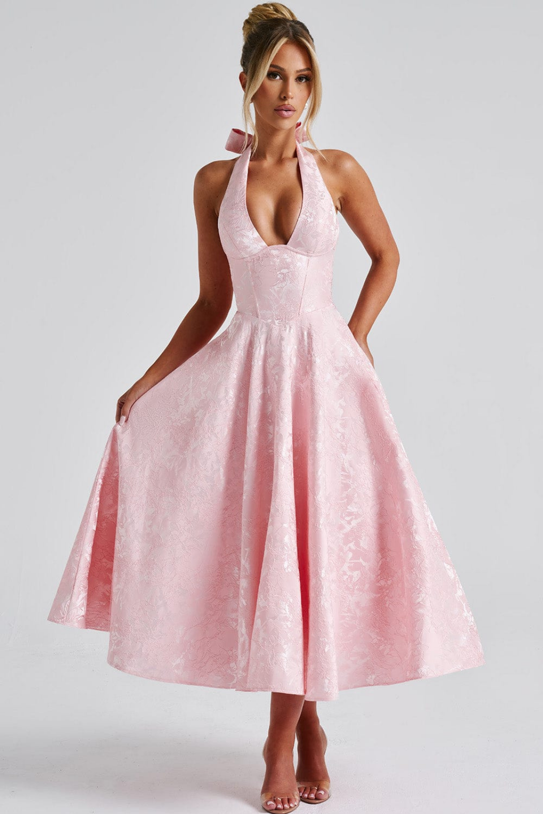 Rosalie | Women's Jacquard Halter Neck Midi Wedding Guest Dress