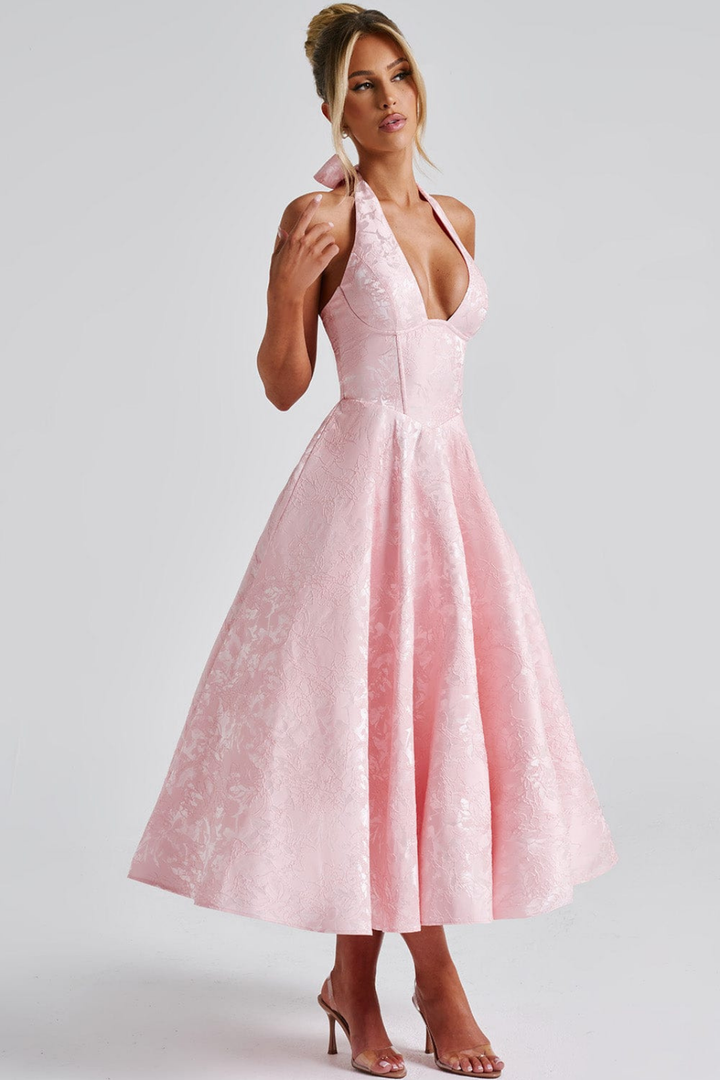 Rosalie | Women's Jacquard Halter Neck Midi Wedding Guest Dress