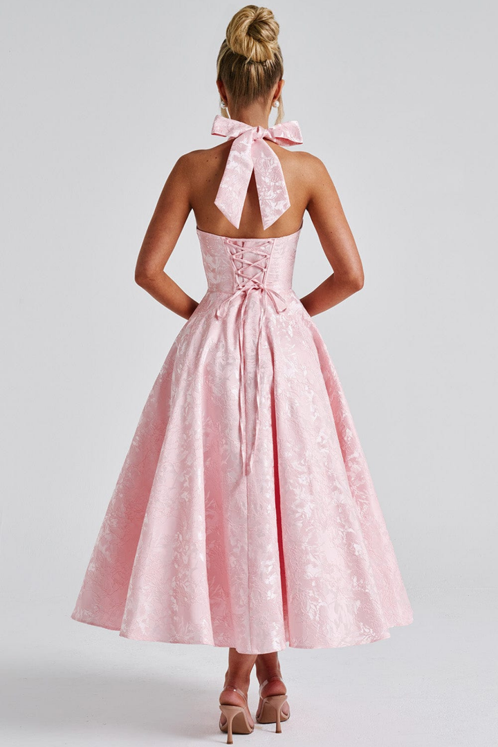Rosalie | Women's Jacquard Halter Neck Midi Wedding Guest Dress