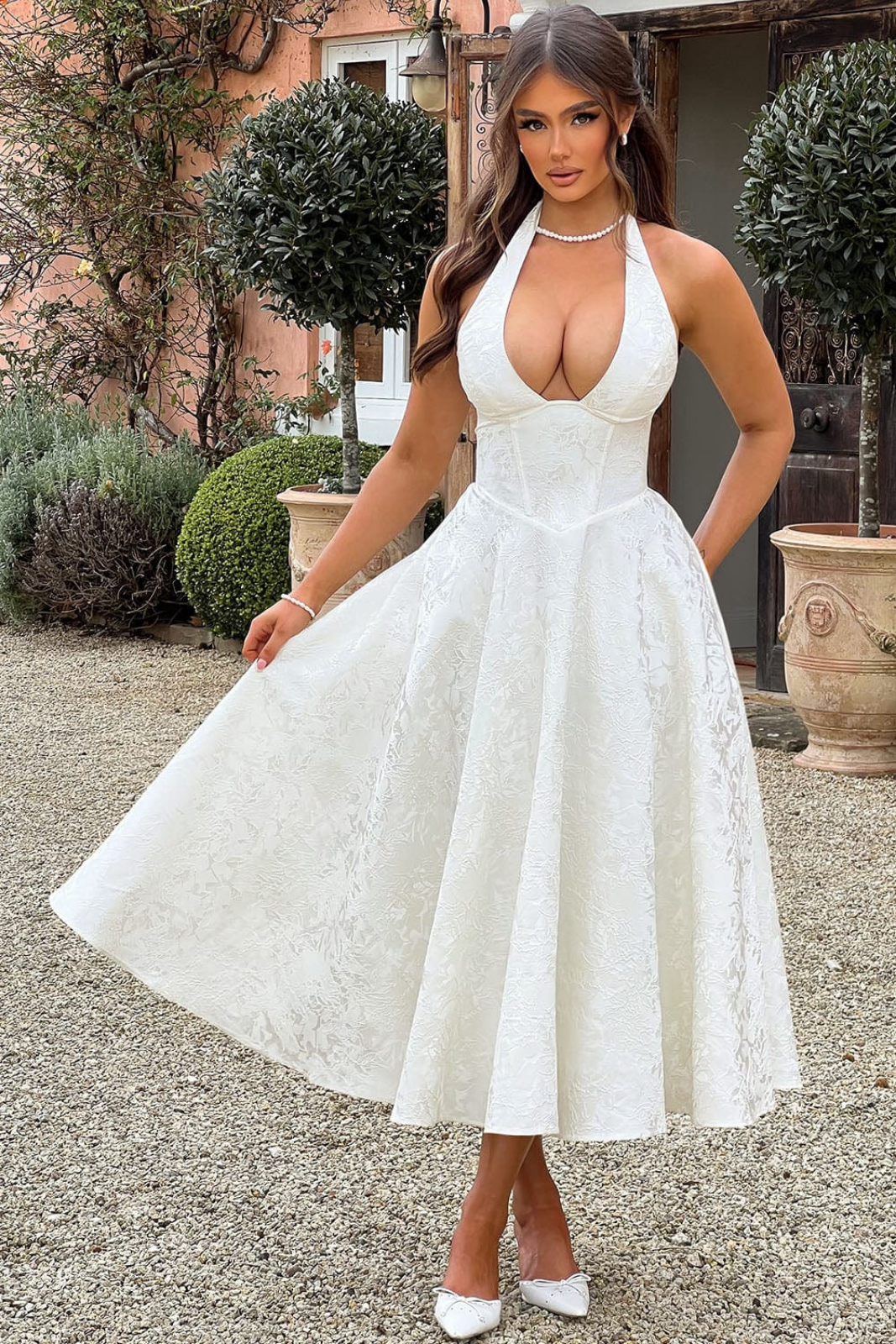 Rosalie | Women's Jacquard Halter Neck Midi Wedding Guest Dress