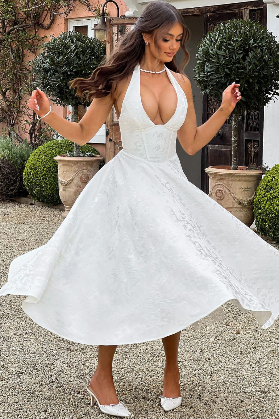 Rosalie | Women's Jacquard Halter Neck Midi Wedding Guest Dress