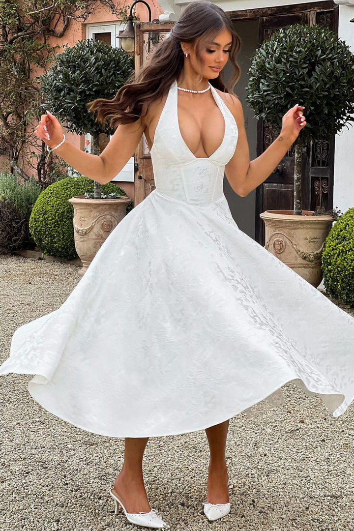 Rosalie | Women's Jacquard Halter Neck Midi Wedding Guest Dress