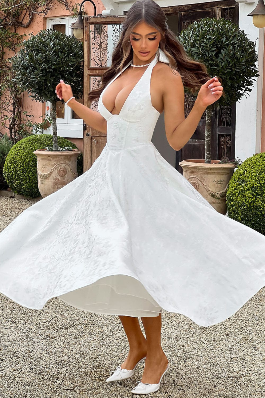 Rosalie | Women's Jacquard Halter Neck Midi Wedding Guest Dress