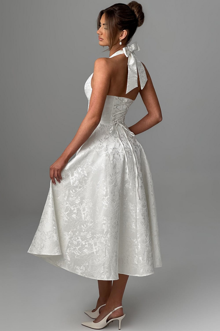 Rosalie | Women's Jacquard Halter Neck Midi Wedding Guest Dress
