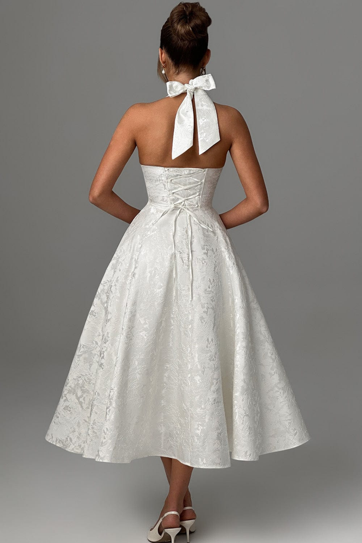 Rosalie | Women's Jacquard Halter Neck Midi Wedding Guest Dress