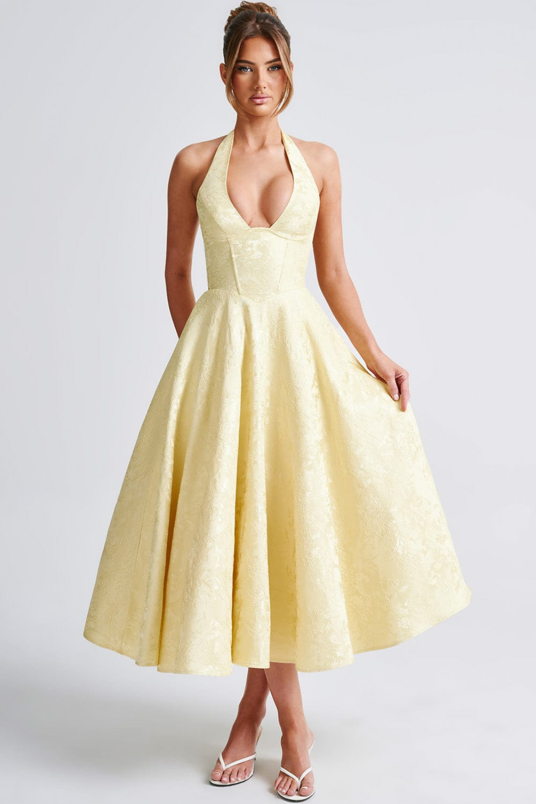 Rosalie | Women's Jacquard Halter Neck Midi Wedding Guest Dress