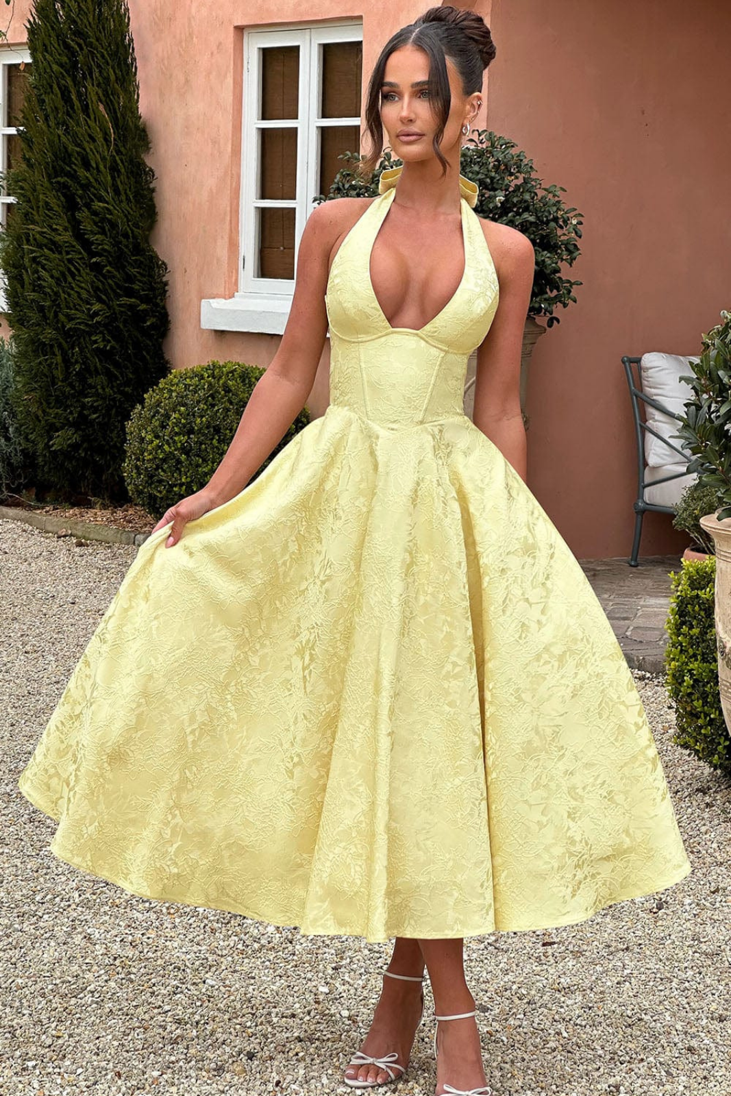 Rosalie | Women's Jacquard Halter Neck Midi Wedding Guest Dress
