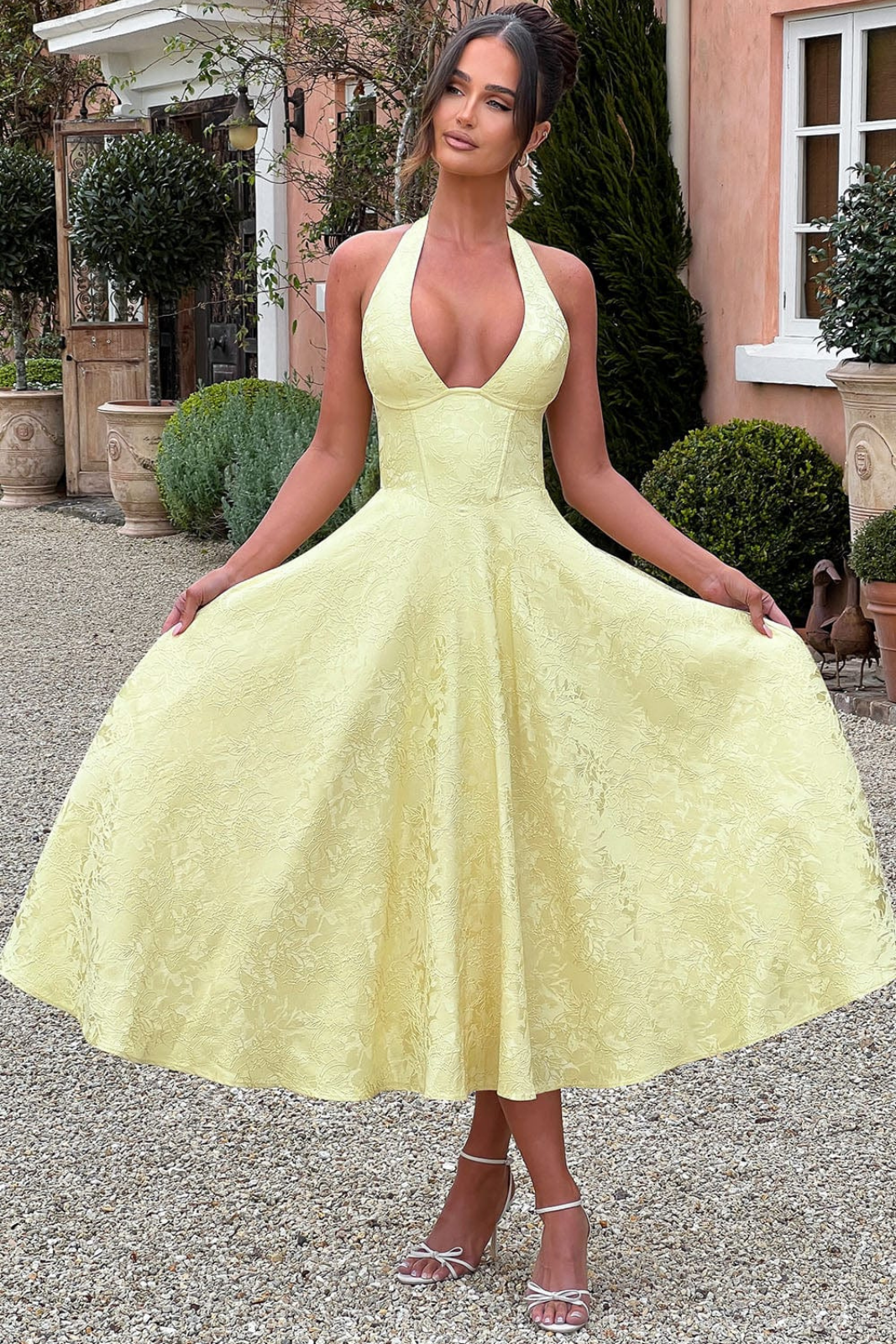 Rosalie | Women's Jacquard Halter Neck Midi Wedding Guest Dress