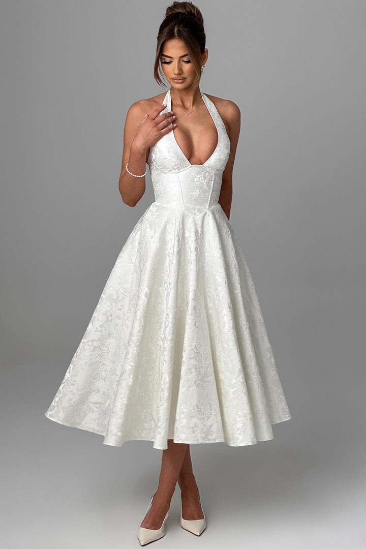 Rosalie | Women's Jacquard Halter Neck Midi Wedding Guest Dress