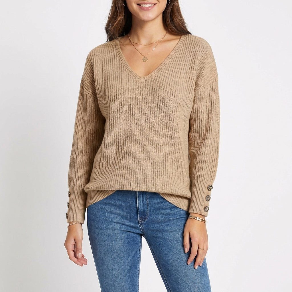 Sanne | Women's Cashmere V-Neck Button Cuff Ribbed Jumper