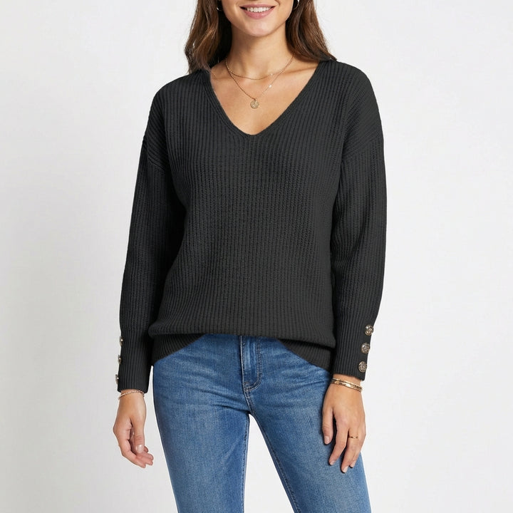 Sanne | Women's Cashmere V-Neck Button Cuff Ribbed Jumper
