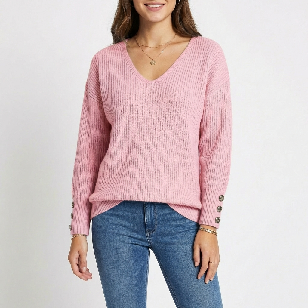 Sanne | Women's Cashmere V-Neck Button Cuff Ribbed Jumper