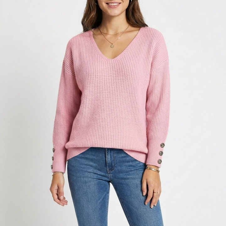 Sanne | Women's Cashmere V-Neck Button Cuff Ribbed Jumper