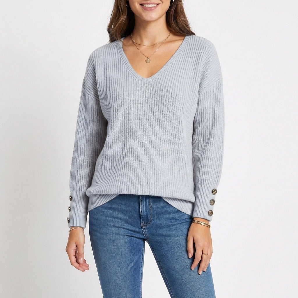 Sanne | Women's Cashmere V-Neck Button Cuff Ribbed Jumper