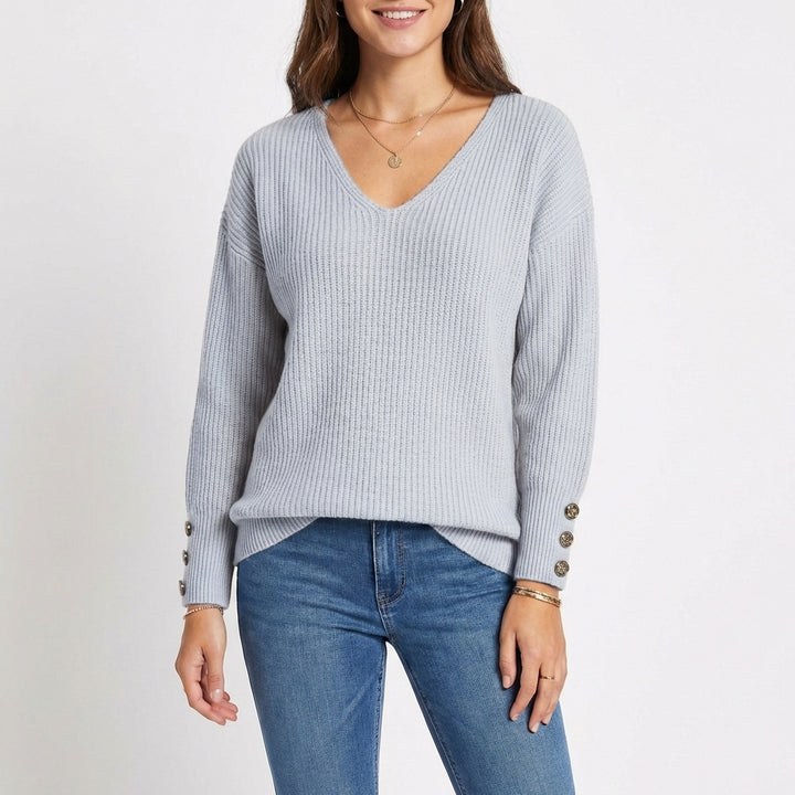 Sanne | Women's Cashmere V-Neck Button Cuff Ribbed Jumper