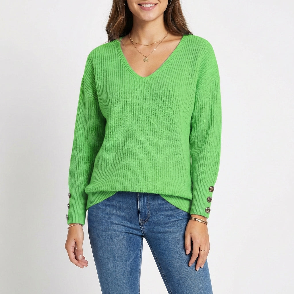 Sanne | Women's Cashmere V-Neck Button Cuff Ribbed Jumper