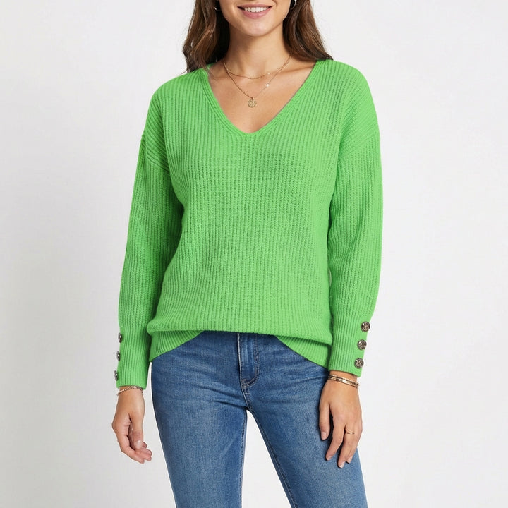 Sanne | Women's Cashmere V-Neck Button Cuff Ribbed Jumper