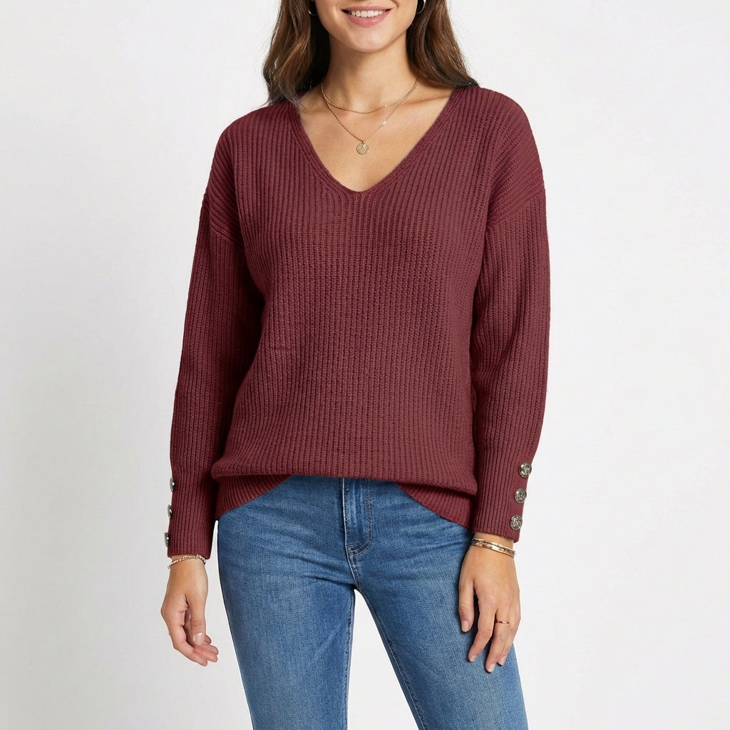 Sanne | Women's Cashmere V-Neck Button Cuff Ribbed Jumper