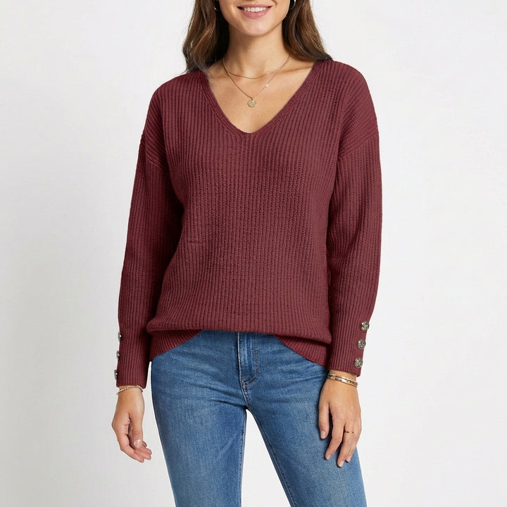 Sanne | Women's Cashmere V-Neck Button Cuff Ribbed Jumper