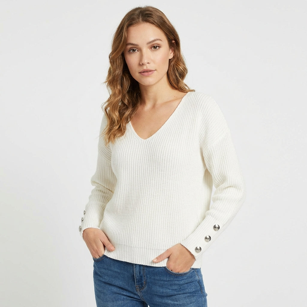 Sanne | Women's Cashmere V-Neck Button Cuff Ribbed Jumper
