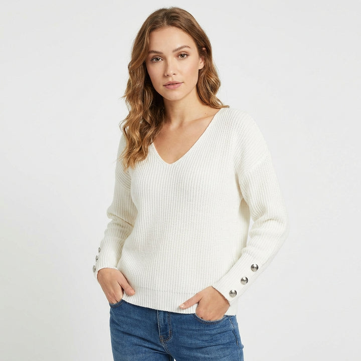 Sanne | Women's Cashmere V-Neck Button Cuff Ribbed Jumper