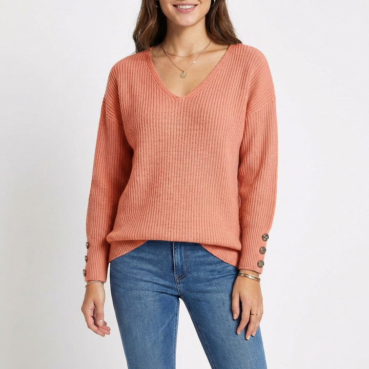 Sanne | Women's Cashmere V-Neck Button Cuff Ribbed Jumper