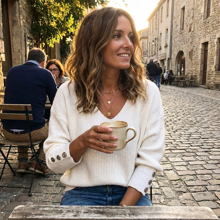 Sanne | Women's Cashmere V-Neck Button Cuff Ribbed Jumper