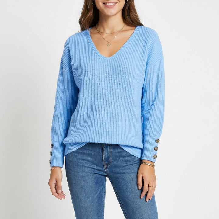 Sanne | Women's Cashmere V-Neck Button Cuff Ribbed Jumper