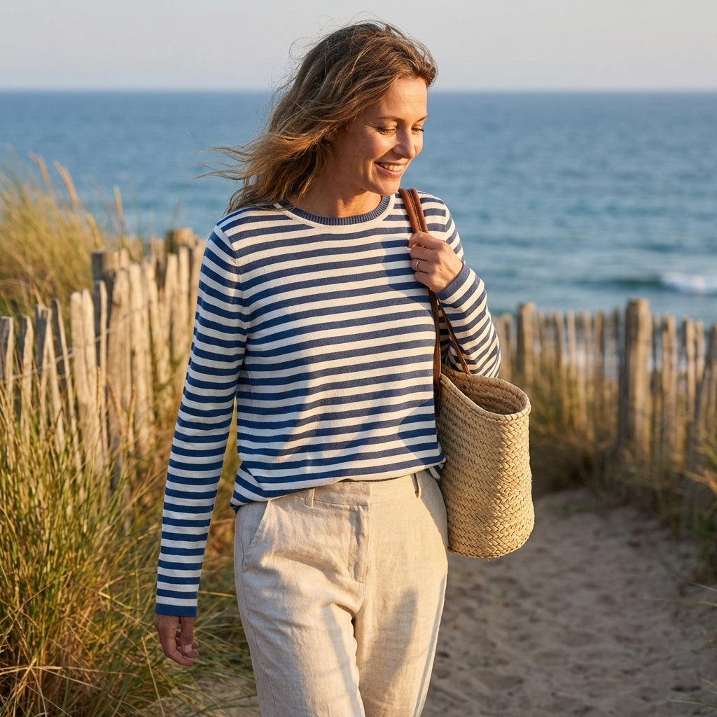 Sanne | Women's Cotton-Blend Striped Long Sleeve Crew Neck Top