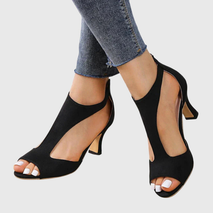 Sanne | Women's Leather Cutout Peep Toe Block Heels
