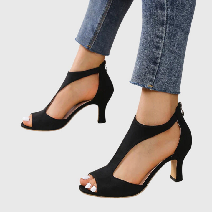 Sanne | Women's Leather Cutout Peep Toe Block Heels