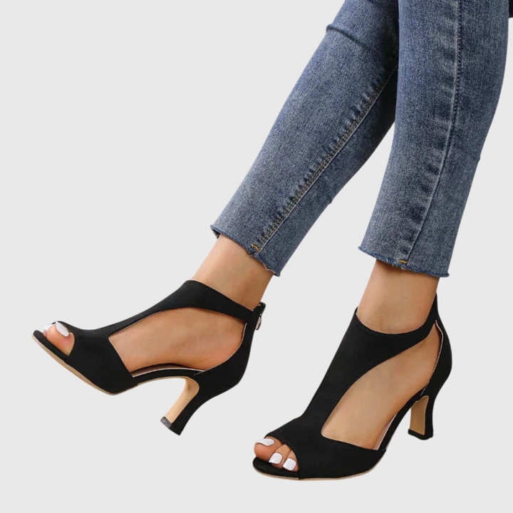 Sanne | Women's Leather Cutout Peep Toe Block Heels