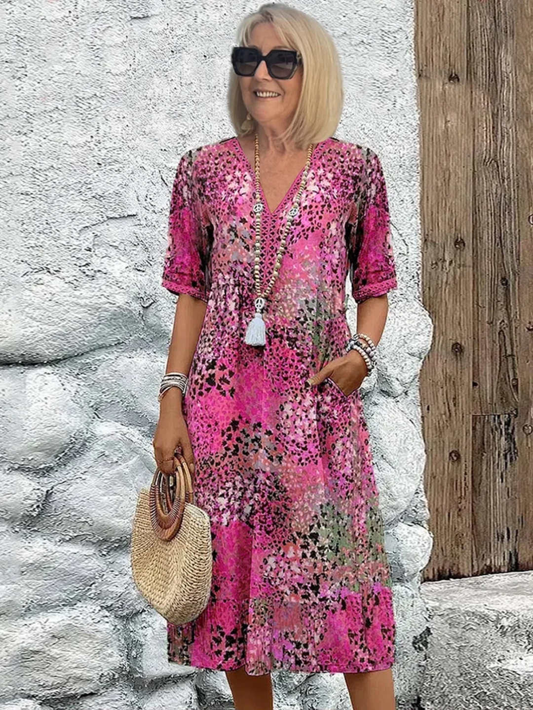 Sanne | Women's Lightweight Abstract Print V-Neck Midi Dress