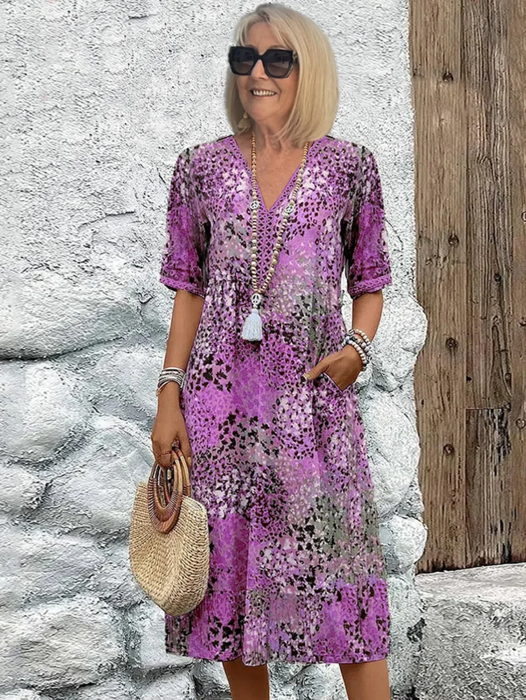 Sanne | Women's Lightweight Abstract Print V-Neck Midi Dress