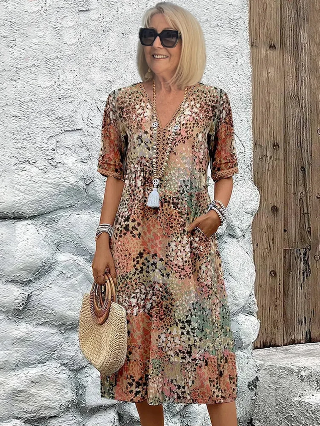 Sanne | Women's Lightweight Abstract Print V-Neck Midi Dress