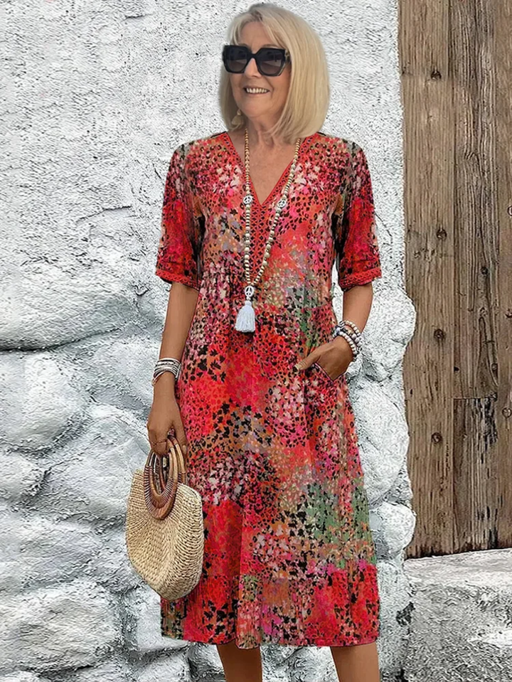 Sanne | Women's Lightweight Abstract Print V-Neck Midi Dress