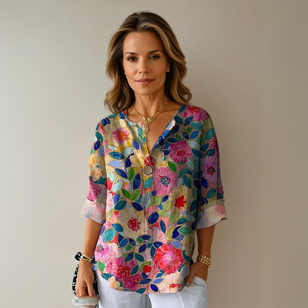 Sanne | Women's Linen Abstract Print V-Neck Blouse