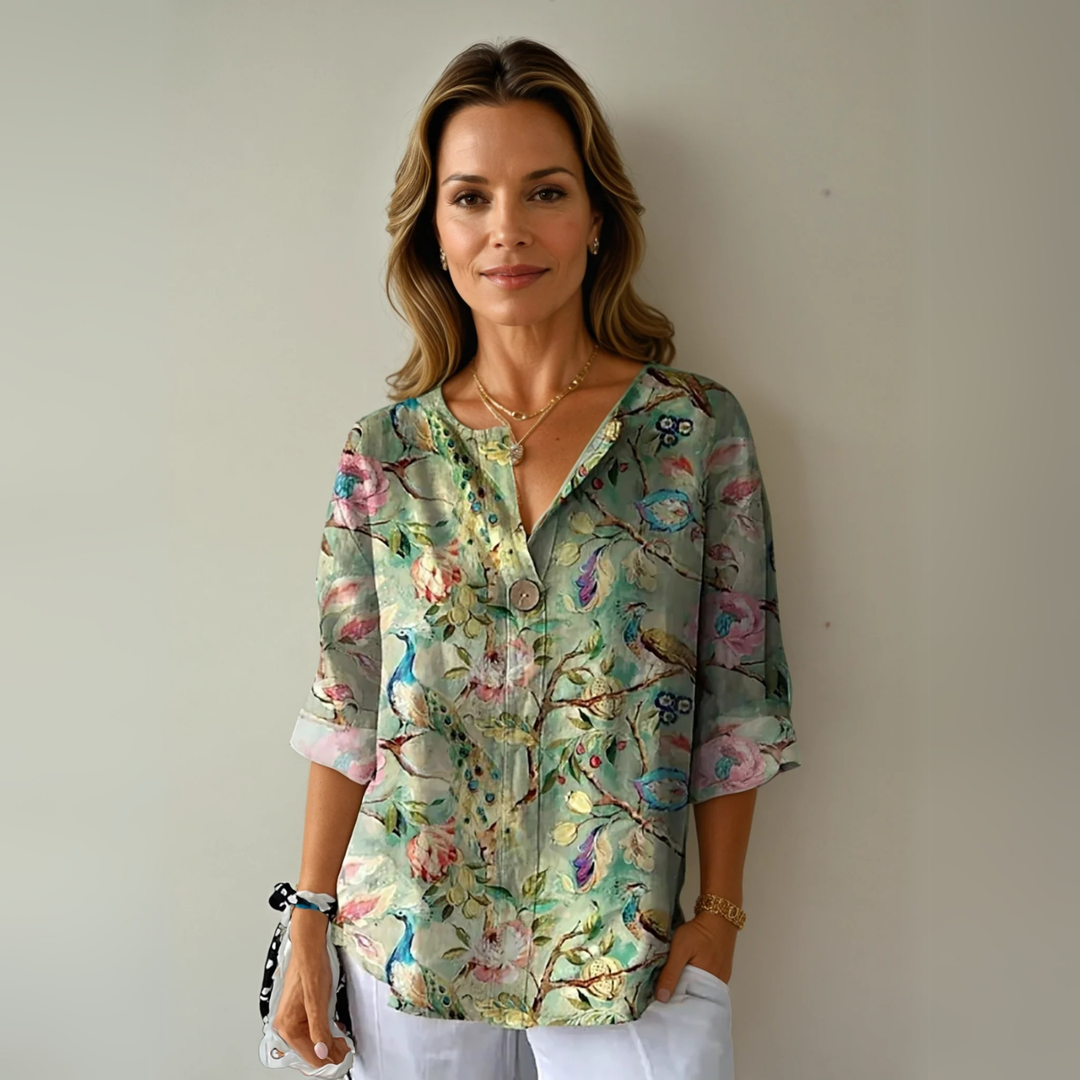 Sanne | Women's Linen Abstract Print V-Neck Blouse