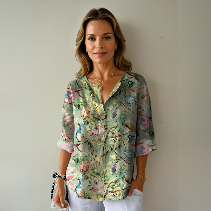 Sanne | Women's Linen Abstract Print V-Neck Blouse