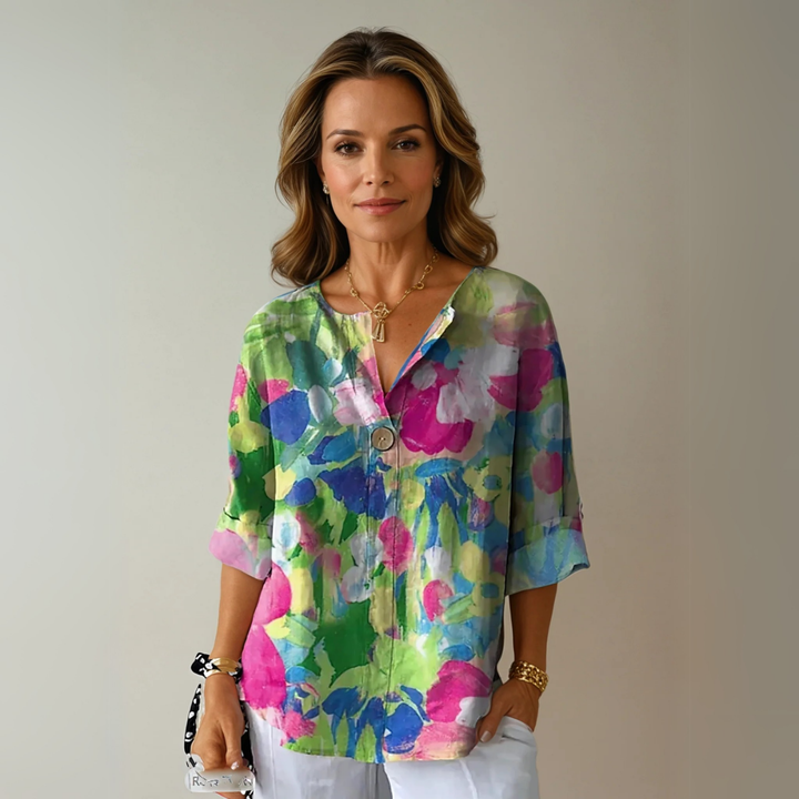 Sanne | Women's Linen Abstract Print V-Neck Blouse