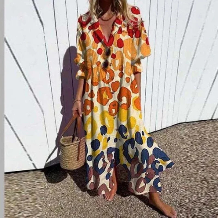 Sanne | Women's Linen Abstract Print V-Neck Maxi Dress
