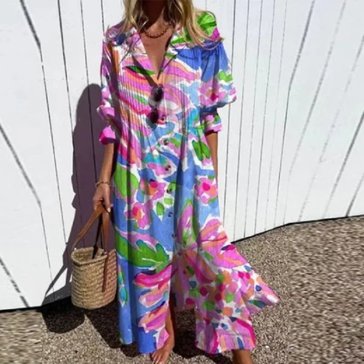 Sanne | Women's Linen Abstract Print V-Neck Maxi Dress