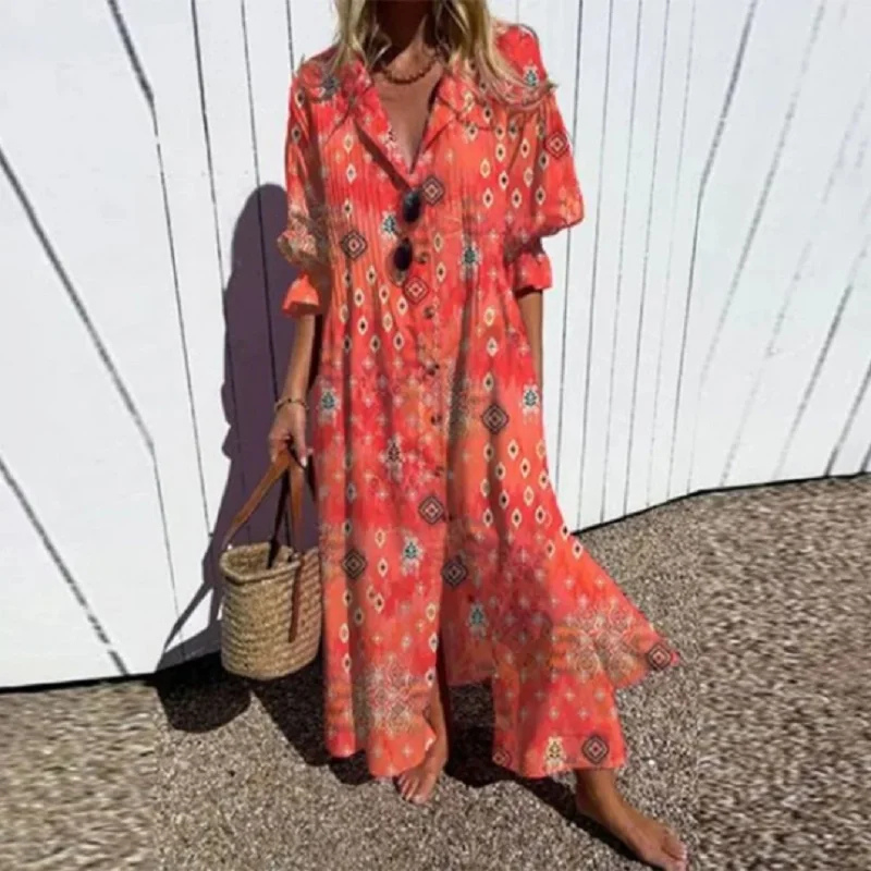 Sanne | Women's Linen Abstract Print V-Neck Maxi Dress